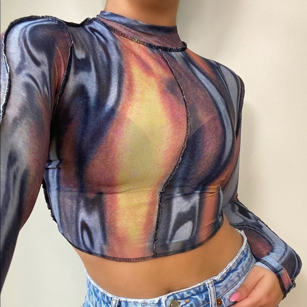 NWT Sheer Abstract Print Long-Sleeve Crop Top - Multicolor